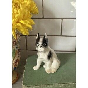 Boston Terrier Dog Figurine Black White Porcelain Vintage Sitting Adorable Japan